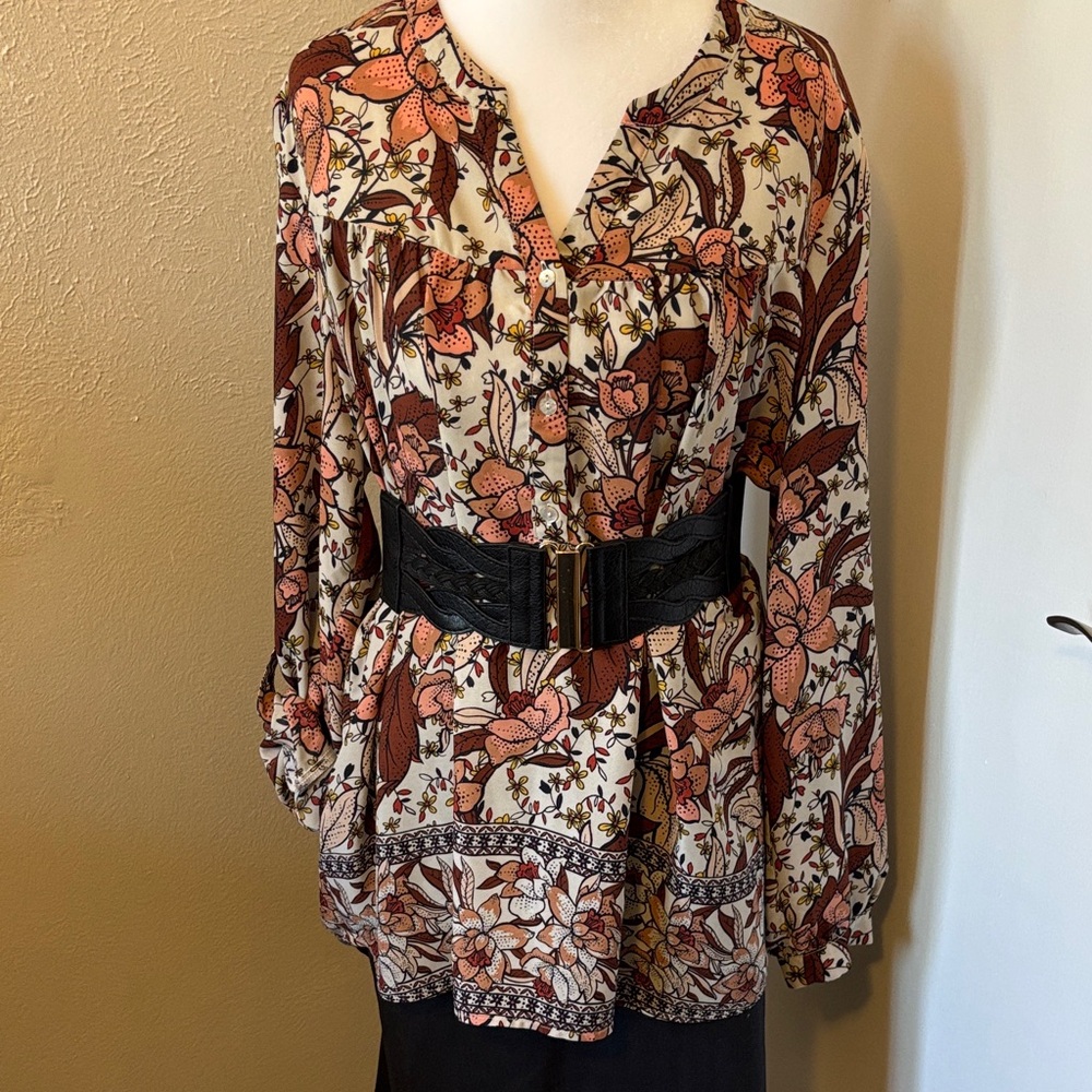 Oversized 70’s style Floral Blouse Tunic Burgundy size XL